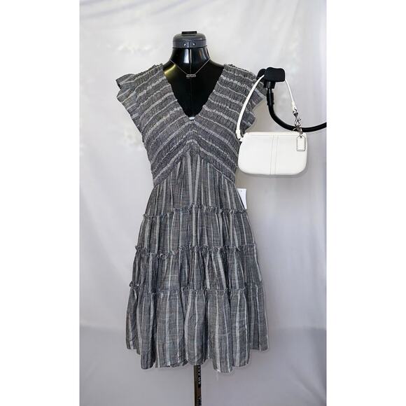 Angie Women’s Med Gray Layered Ruched V-Neck Bohemian Short Sleeve Dress NWT - Picture 1 of 5